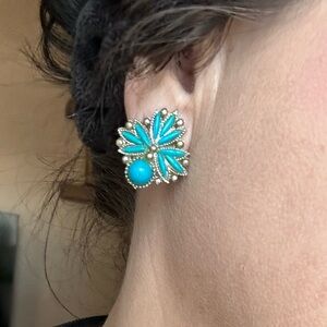 Vintage Faux Turquoise Squash Blossom Clip on Earrings - Women Jewelry